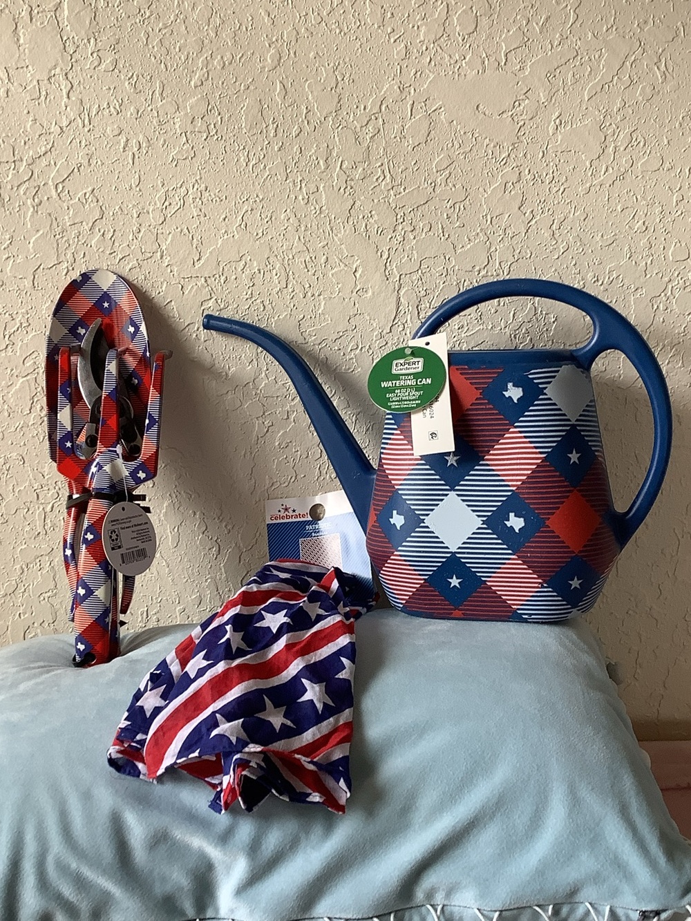 Bundle Patriotic Plaid Watering Can - Garden Tool Set and Bandana